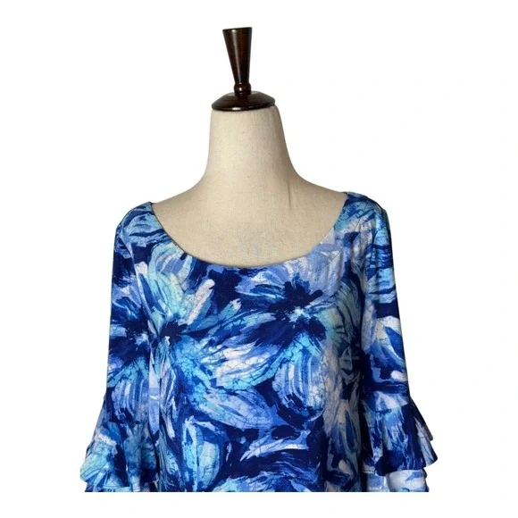 Pappagallo Dress Women Medium Blue Floral Bell Sleeve Mini Boho Flowy‎ Beach - Picture 9 of 11